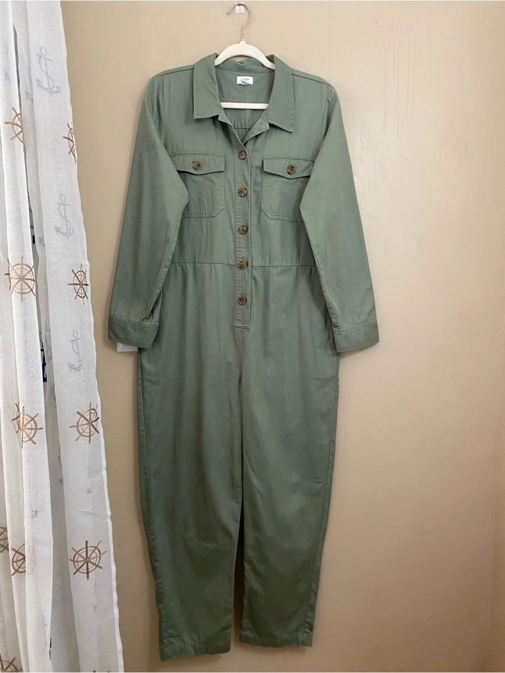 J. Crew Olive Green Button Down Front 100% Cotton Utility Jumpsuit Size 12